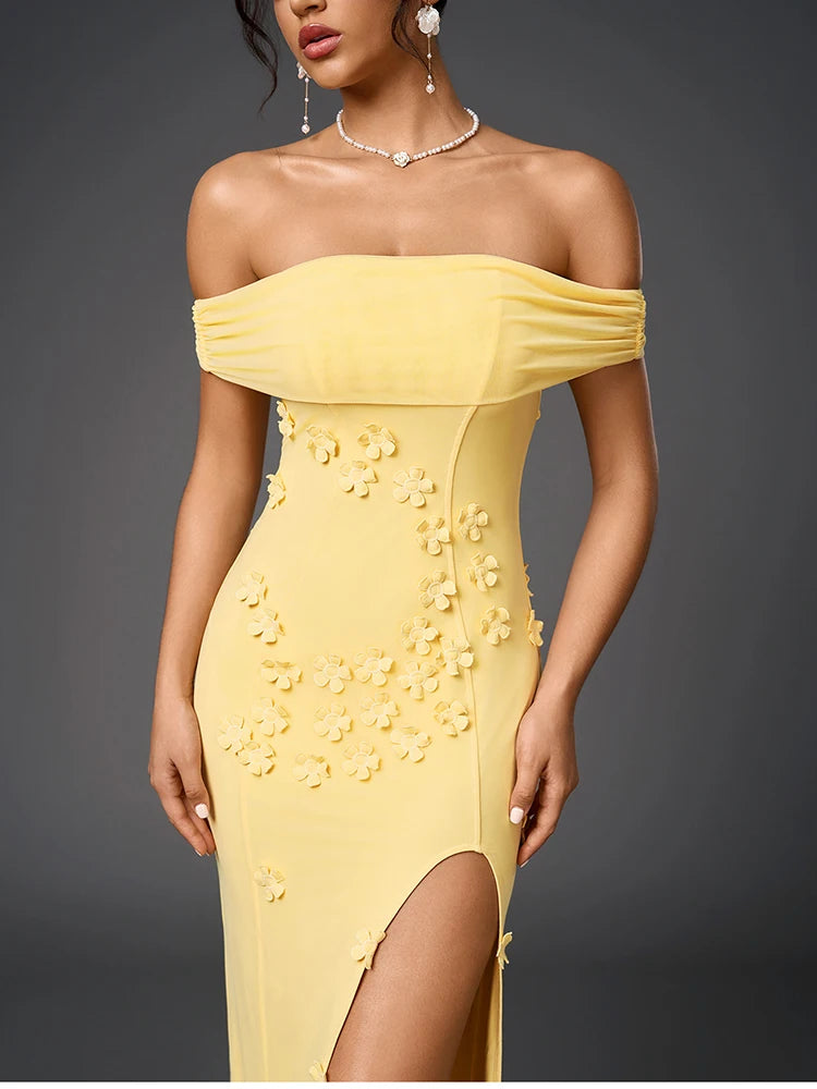 Floral Applique Mesh Off Shoulder Side Slit Dress