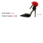 Red Pompom Leather Thin High Heel