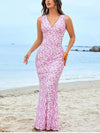 Purple Print Lace Backless V-neck Maxi Dress