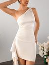 Backless One Shoulder Satin Hem Ruched Dress