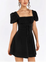 Lace Puff Sleeve Waist Tie-Up Square Neck Dress