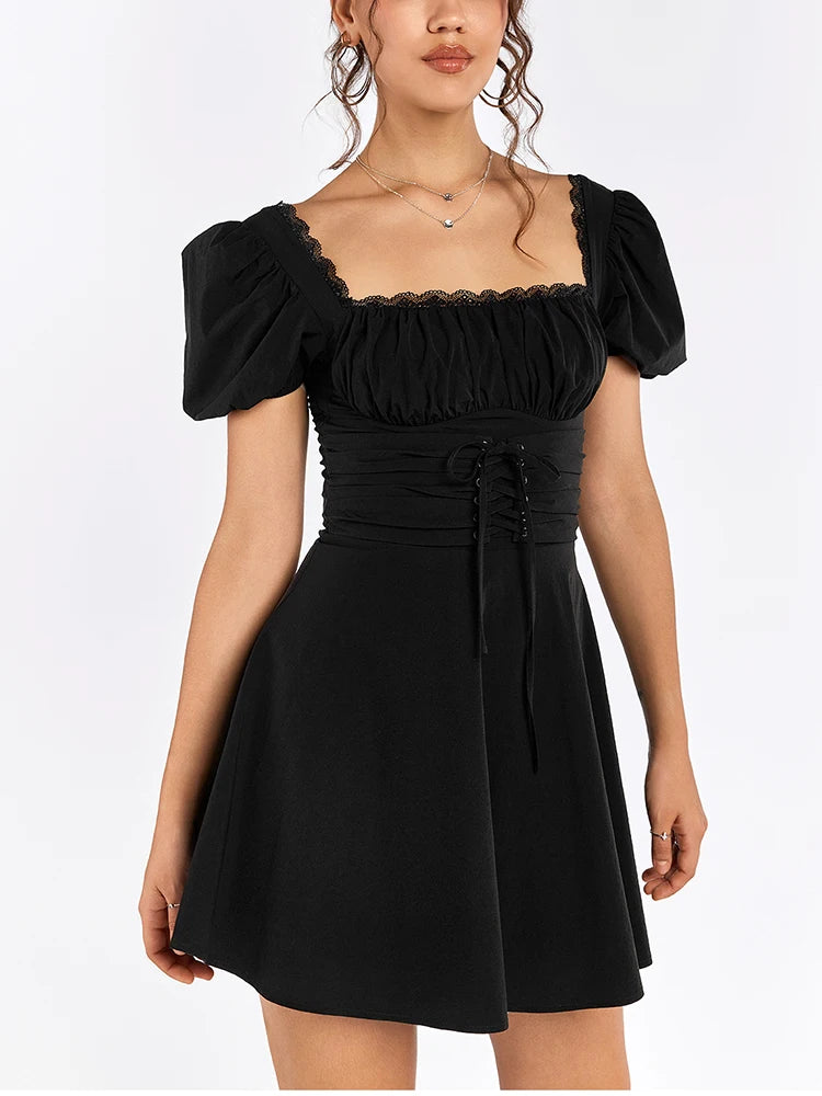 Lace Puff Sleeve Waist Tie-Up Square Neck Dress