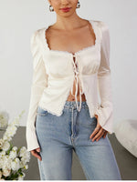 Bell Sleeves Lace Square Neck Tie Up Satin Top