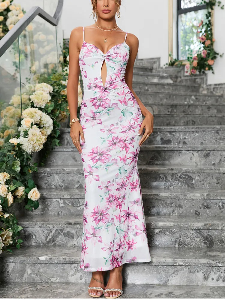 Mesh Floral Backless Hollow-out Maxi Dress