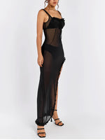 See-Through Ruffle Edge Mesh Maxi Dress