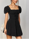 Lace Puff Sleeve Waist Tie-Up Square Neck Dress