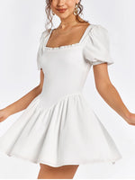 White Puff Sleeve Square Neck Backless Mini Dress