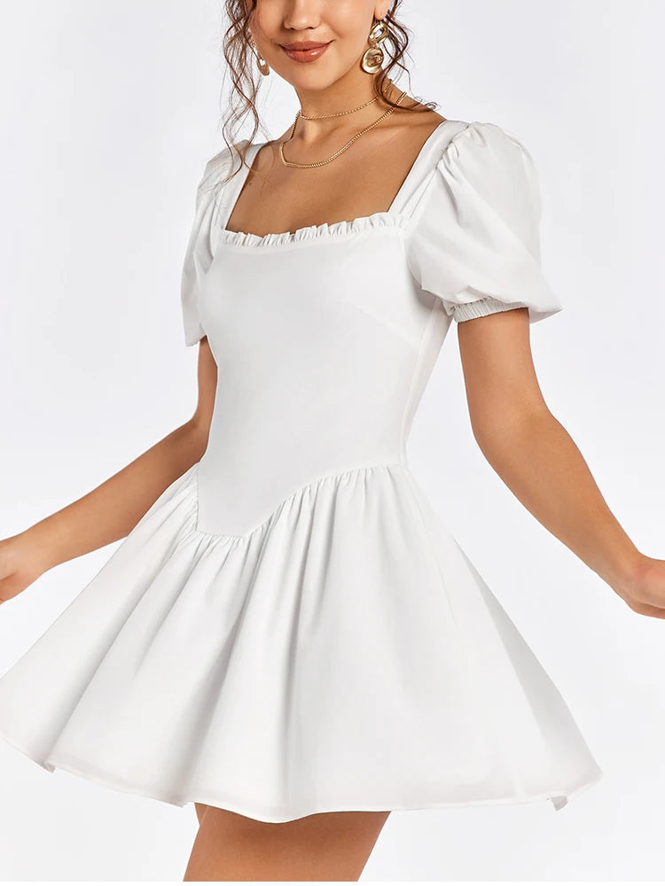 White Puff Sleeve Square Neck Backless Mini Dress