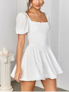 White Puff Sleeve Square Neck Backless Mini Dress