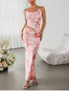 Halter Backless Butterfly Print Top & Slit Long Skirt Set