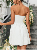 White Strapless Jacquard Ruched  Dress