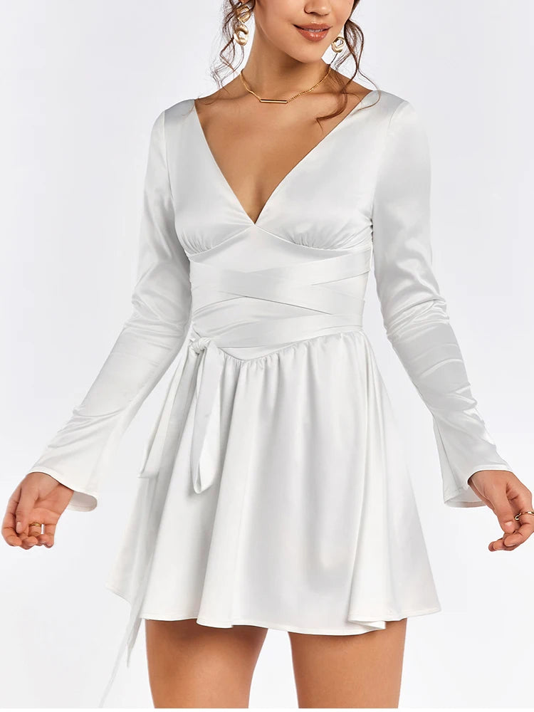 Satin V-Neck Tie-Up Ruched Dress