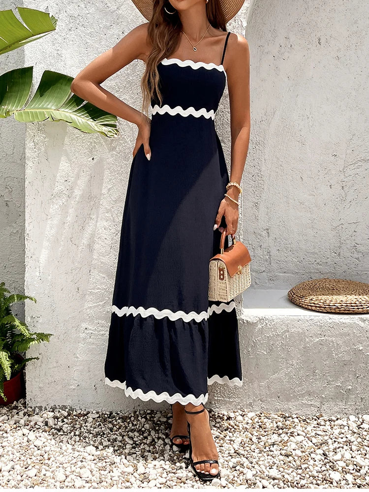 Adjustable Straps Patchwork Ruched Maxi Dress