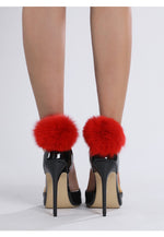 Red Pompom Leather Thin High Heel