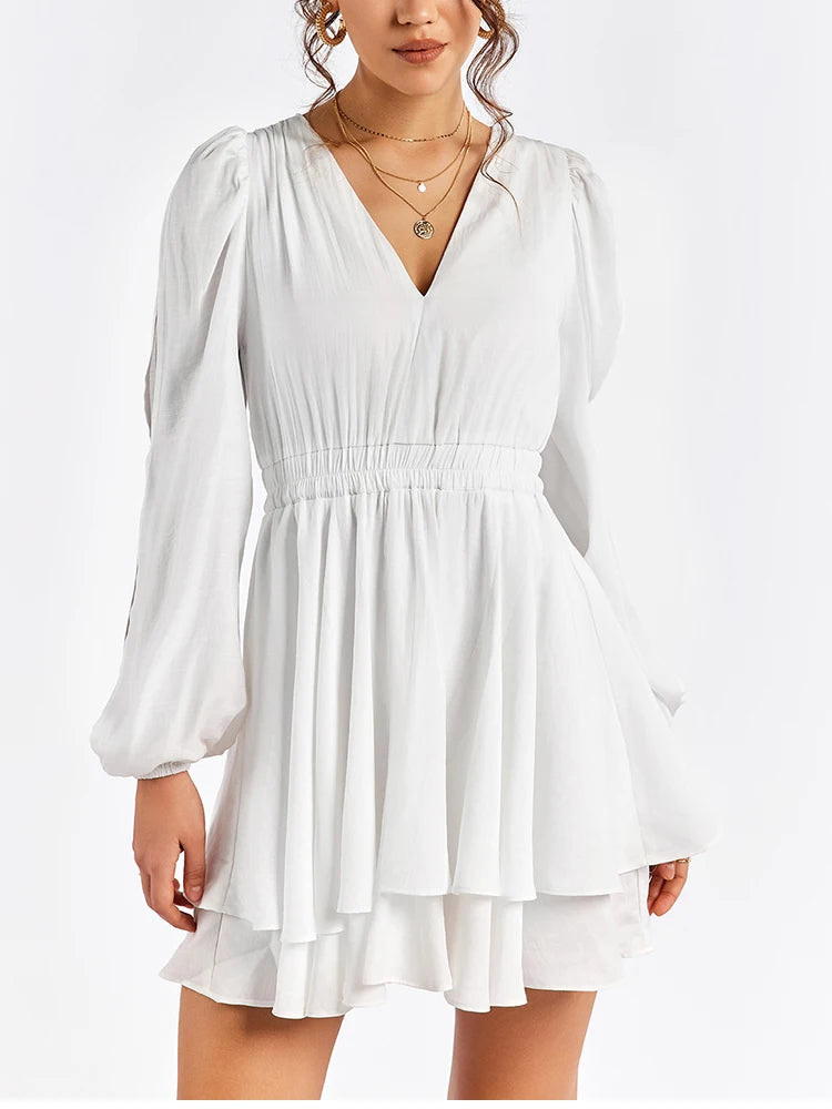 Long Sleeve Cu-out V-Neck Ruffles Dress