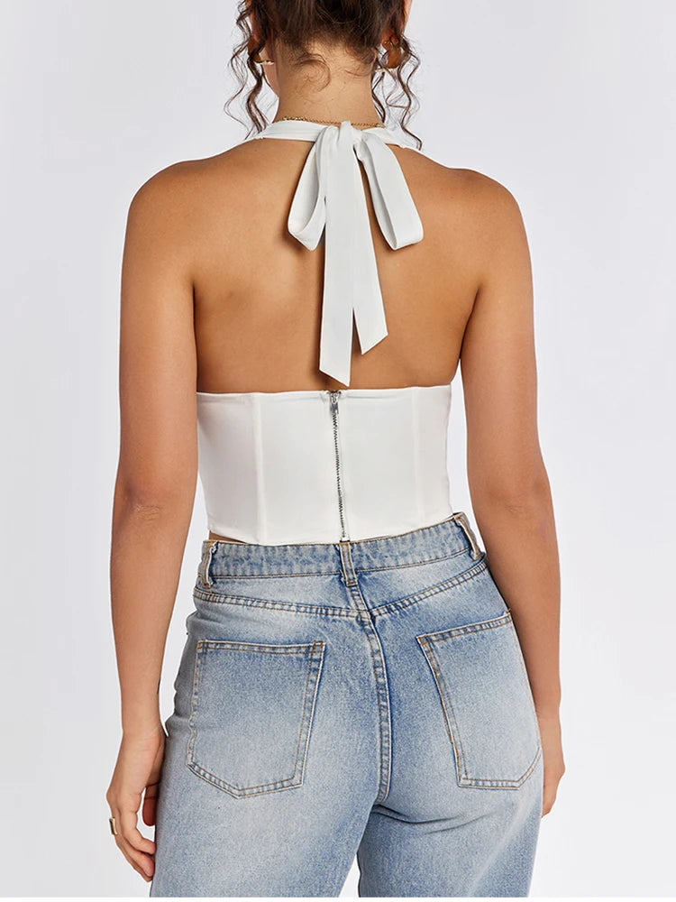 Halter V-neck Tie Up Ruched Corset Top