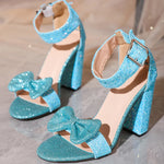 Sparkles Bow Strap Ankle Buckle Thick High Heel