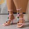 String Bead Square Toe Mixed Colors Buckle Strap High Heel