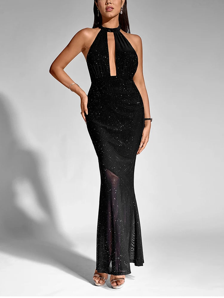 Front Cut Out Backless Sequin Maxi Dress