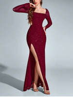 Long Sleeve Back Cut-out Sequin Side Slit Dress