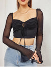 Mesh Long Sleeve Cut-out Tie Up Top