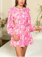 Floral Lantern Sleeves Backless Round Neck Dress