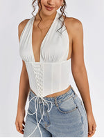 Halter V-neck Tie Up Ruched Corset Top