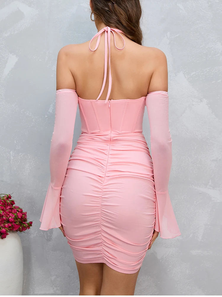 Mesh Bell Sleeve Halter Tie Up Ruched Corset Dress