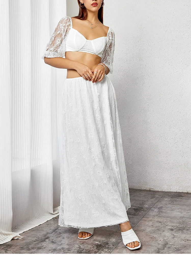 Lace Puff Sleeve Crop Top + Long Skirt Set