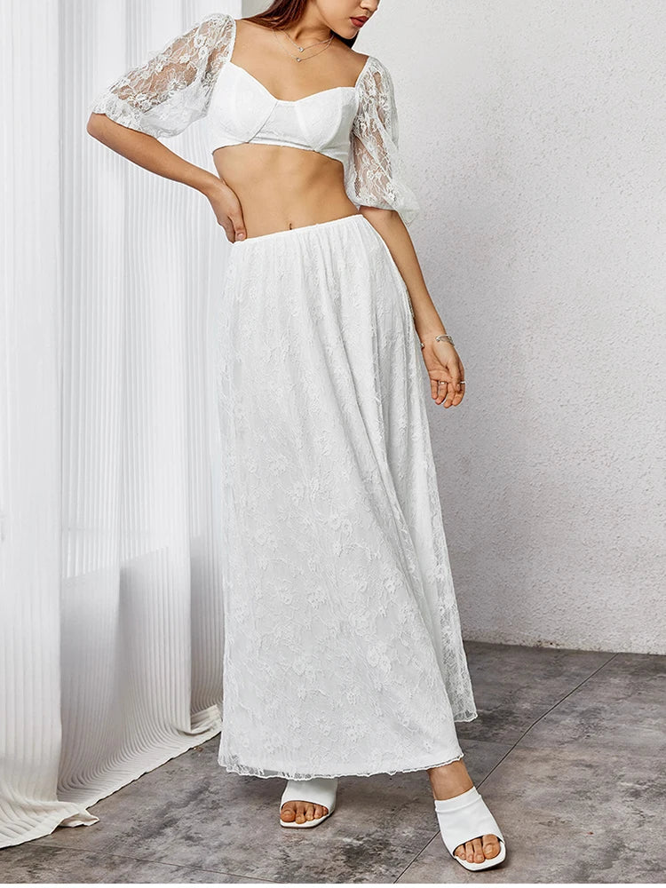 Lace Puff Sleeve Crop Top + Long Skirt Set