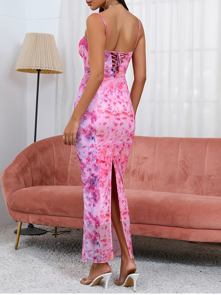 Floral Mesh Back Hollow-Out Split Dress