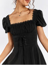 Lace Puff Sleeve Waist Tie-Up Square Neck Dress