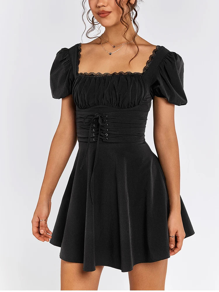 Lace Puff Sleeve Waist Tie-Up Square Neck Dress