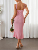 Pink Lace Tie-Up Mesh Ruched Long Dress