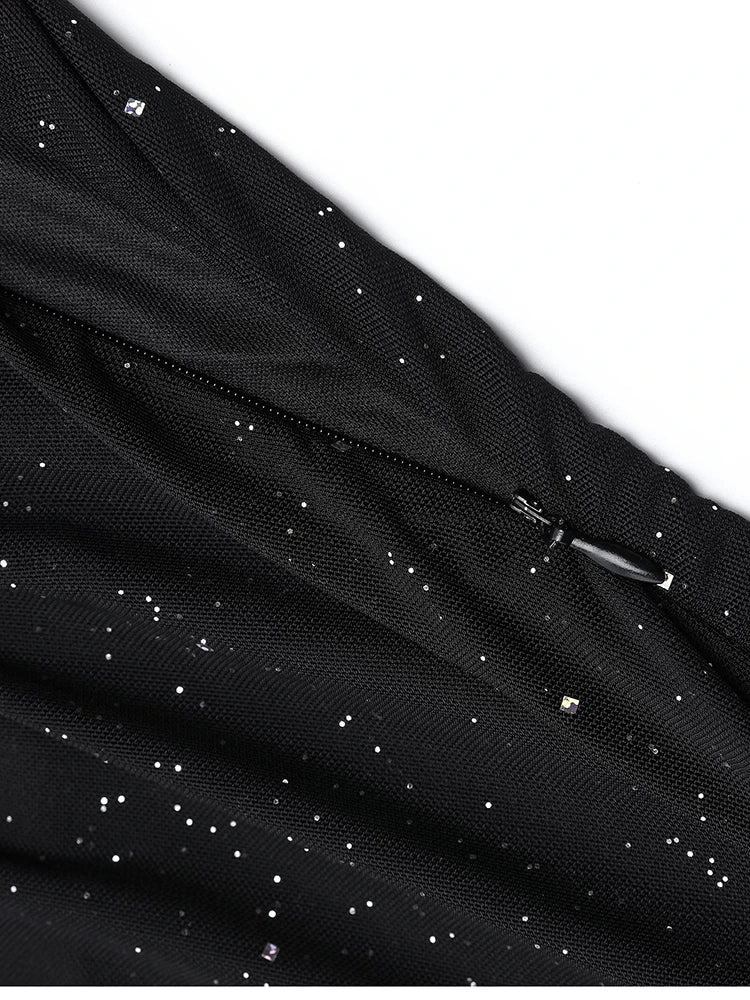 One Shoulder Sequin Mesh Slit Ruffles Party Dress