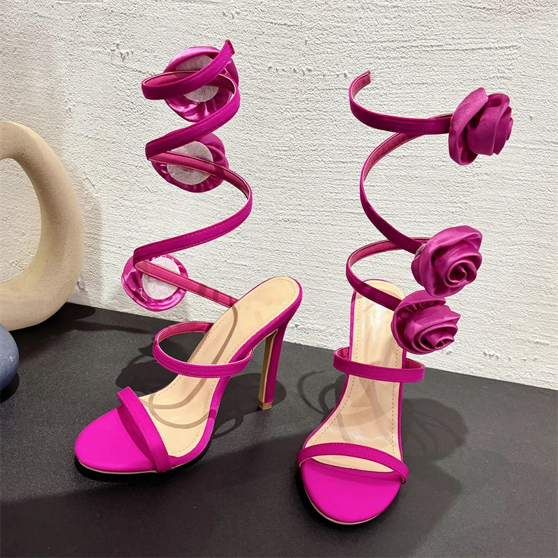 Pointed Toe Flower Microfiber PU Band High Heel