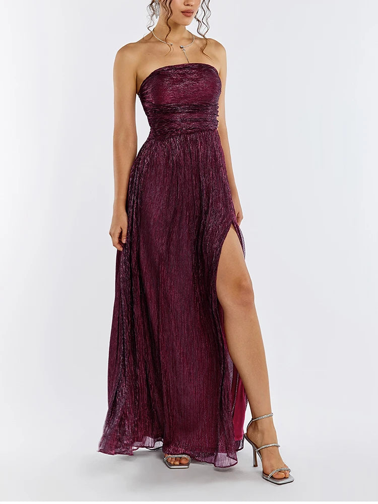 Red Wine Sleeveless Side Slit Ruched Maxi Dress