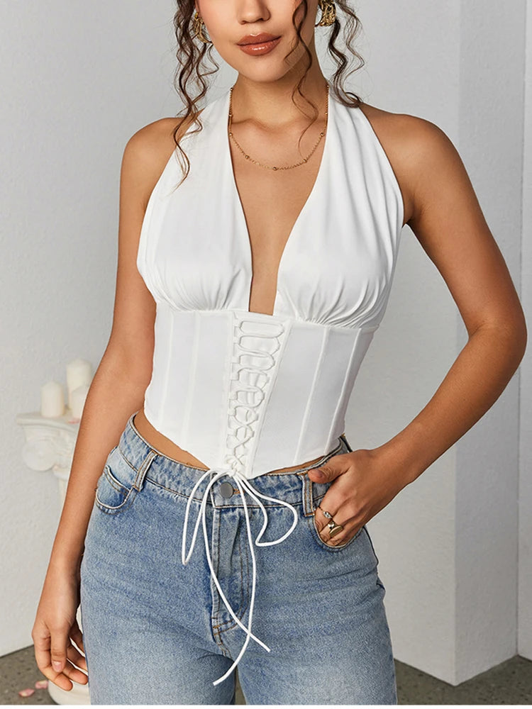 Halter V-neck Tie Up Ruched Corset Top