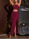 Sequin Halter Cut-out Applique Top + Side Slit Skirt Set