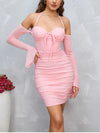 Mesh Bell Sleeve Halter Tie Up Ruched Corset Dress