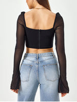 Mesh Long Sleeve Cut-out Tie Up Top