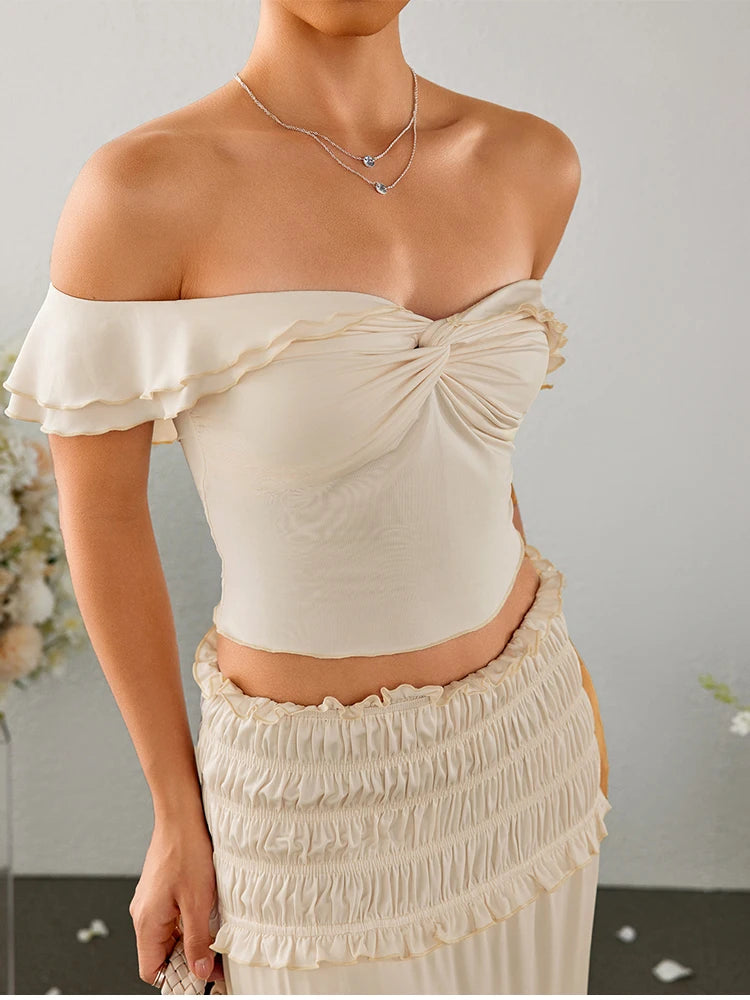 Crossover Off Shoulder Top + Ruched Skirt Set