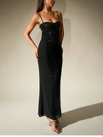Sparkle Sequin Mesh Built-in Cups Double Layer Long Dress