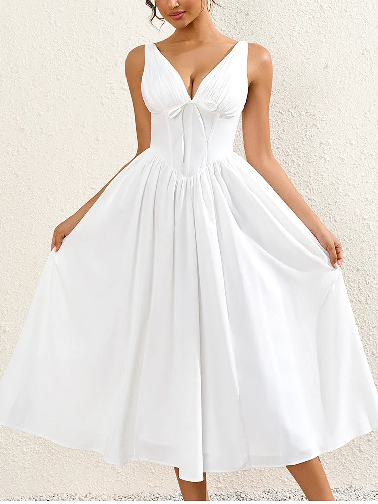 V-Neck Tie Up Backless Ruched Corset Dress