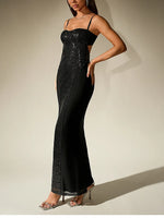 Sparkle Sequin Mesh Built-in Cups Double Layer Long Dress
