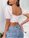 Floral Puff Sleeve Back Zipper Corset Crop Top