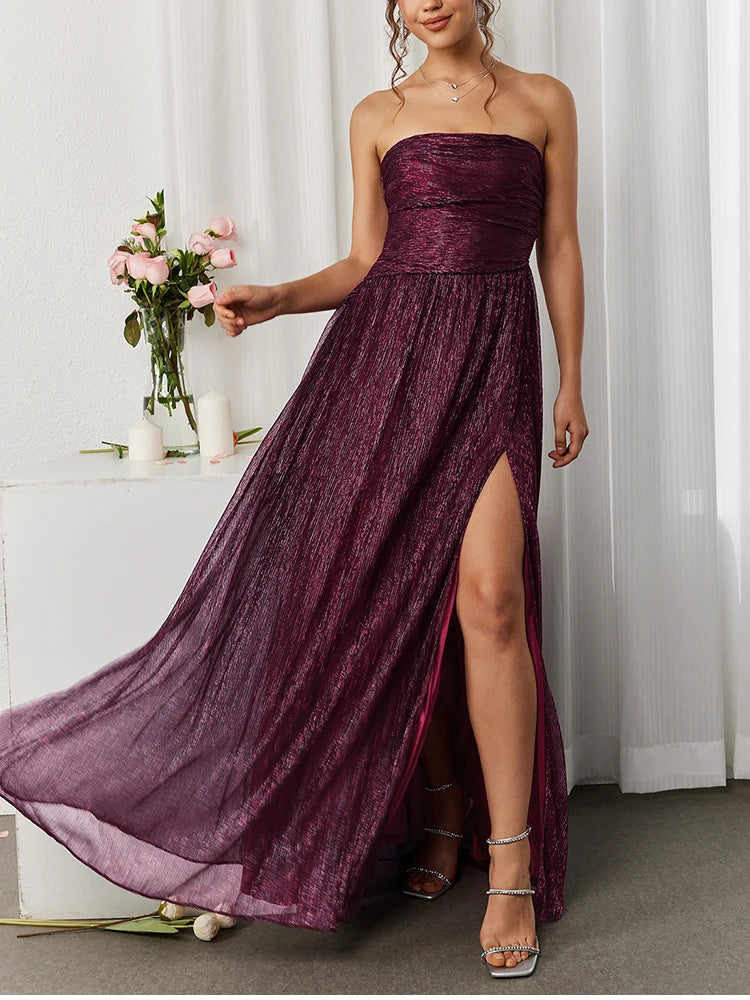 Red Wine Sleeveless Side Slit Ruched Maxi Dress