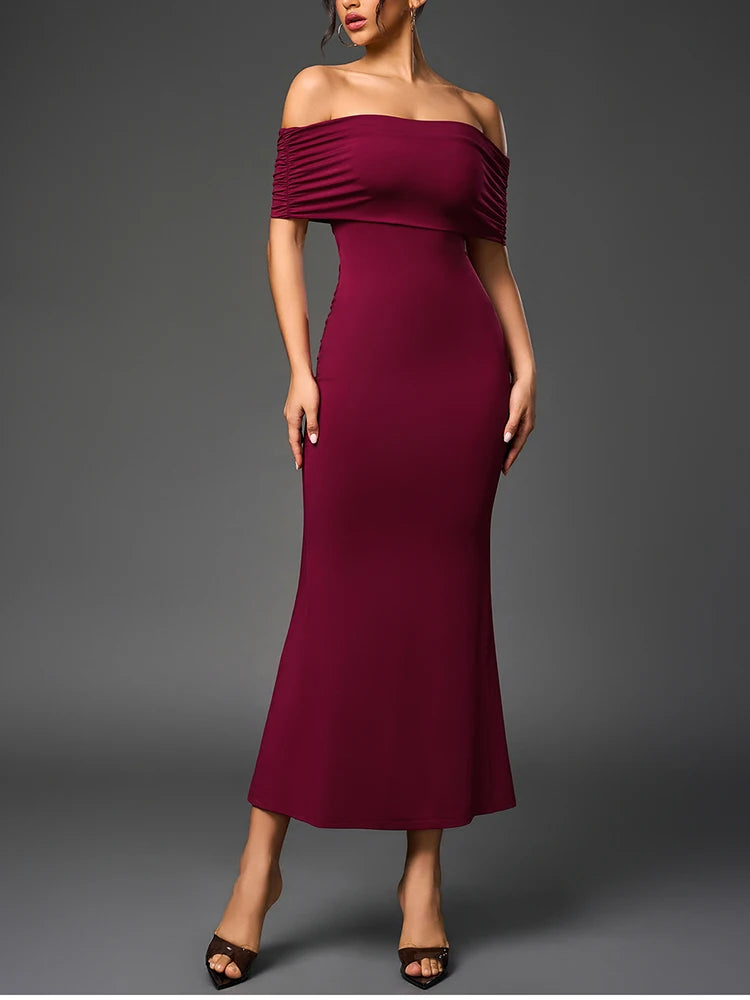 Backless Off Shoulder Double Layers Ruched Dress