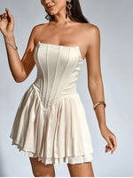 Beige Strapless Satin Corset Double Ruffle Dress