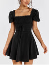 Lace Puff Sleeve Waist Tie-Up Square Neck Dress